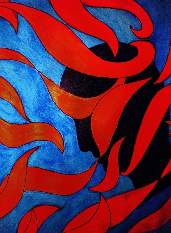 Silhouette of a head surrounded by flowing red flames on a blue background.