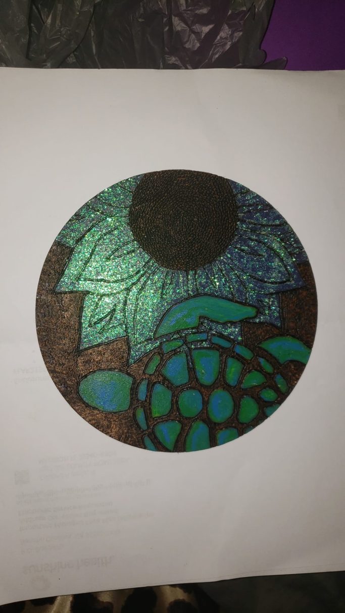 Colorful circular design featuring a turtle and foliage against a dark background.
