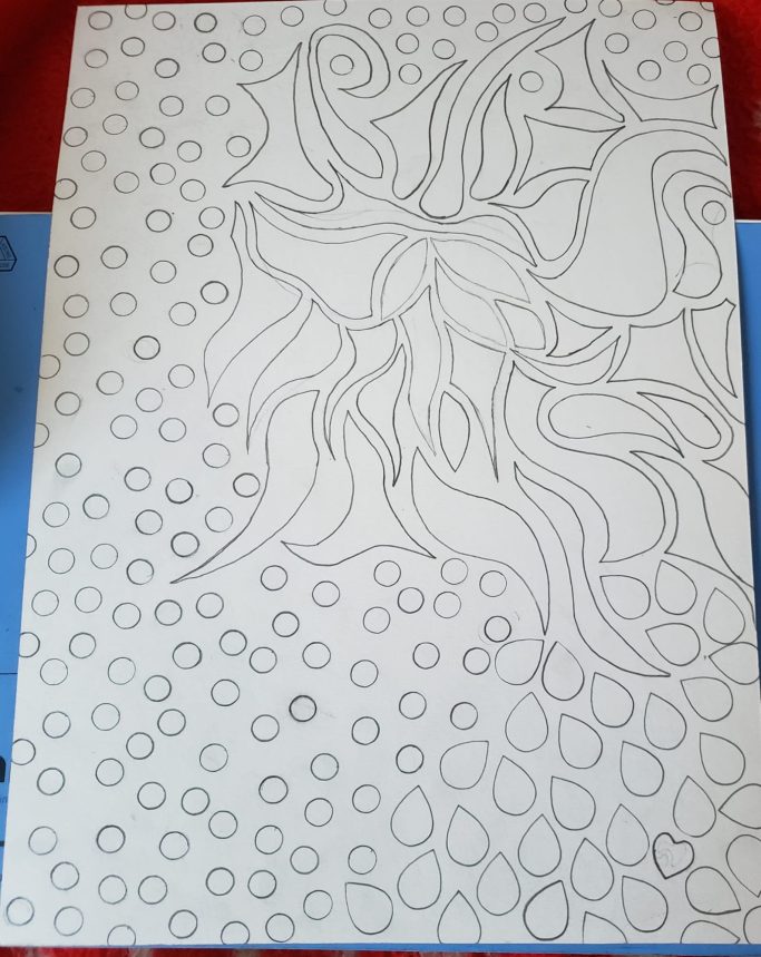 Abstract line art featuring wavy patterns and circular dots on a plain background.