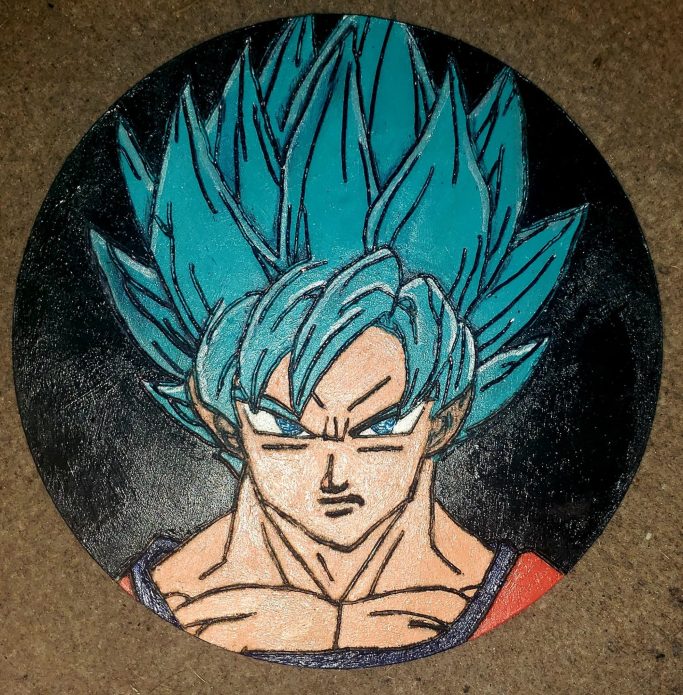 Illustration of a character with spiky blue hair and a serious expression.
