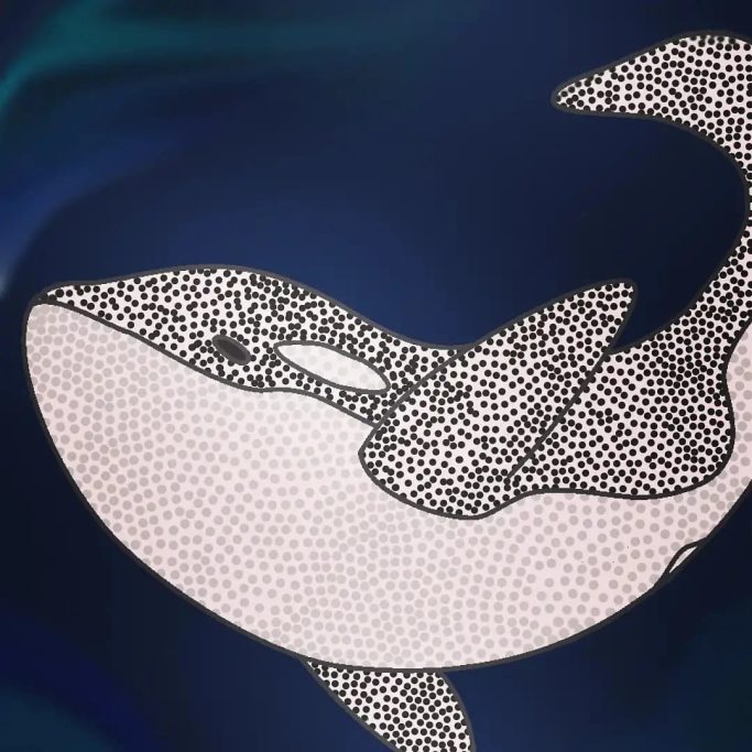 A stylized whale swimming against a dark blue background with dotted patterns.