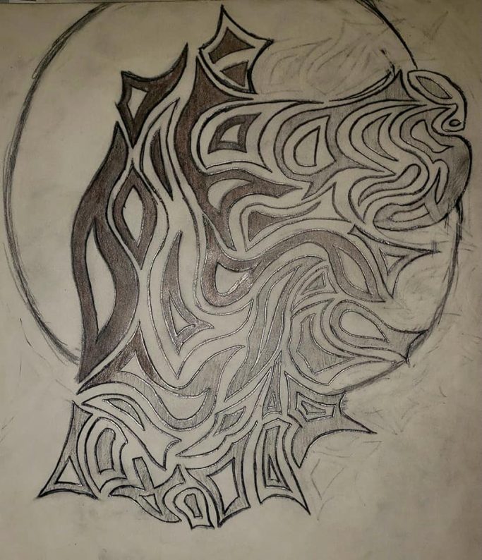 Abstract line art depicting a stylized face with intricate patterns and curves.