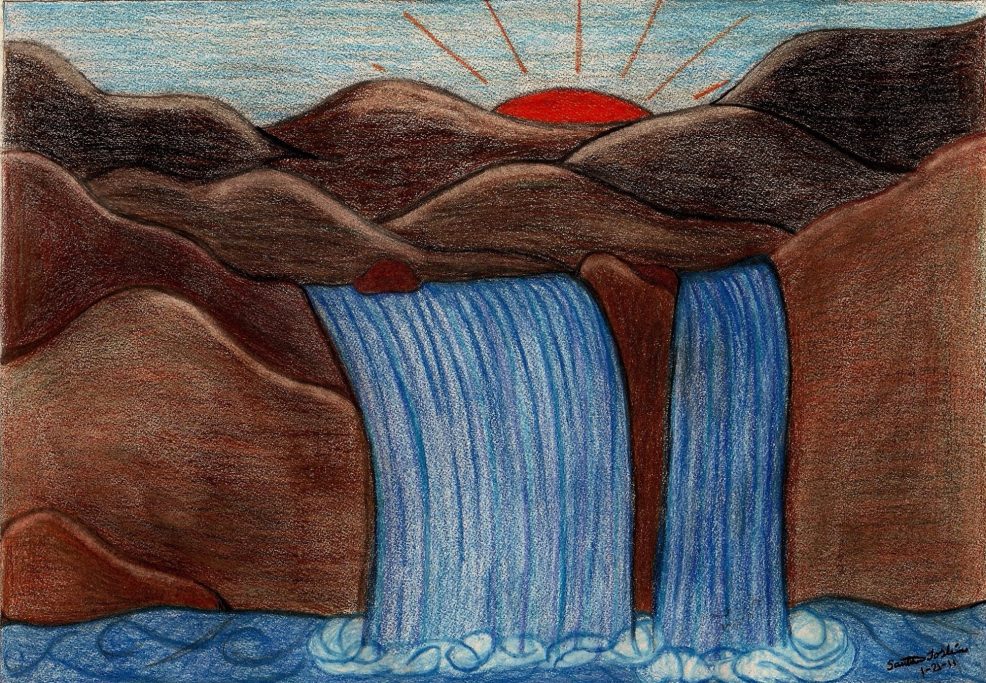 Waterfalls cascading between rocky cliffs under a setting sun and mountainous background.