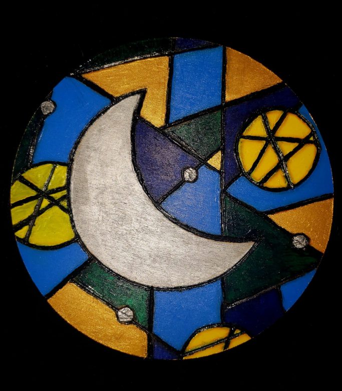 Abstract design featuring a crescent moon, stars, and geometric shapes in blue, yellow, and green.