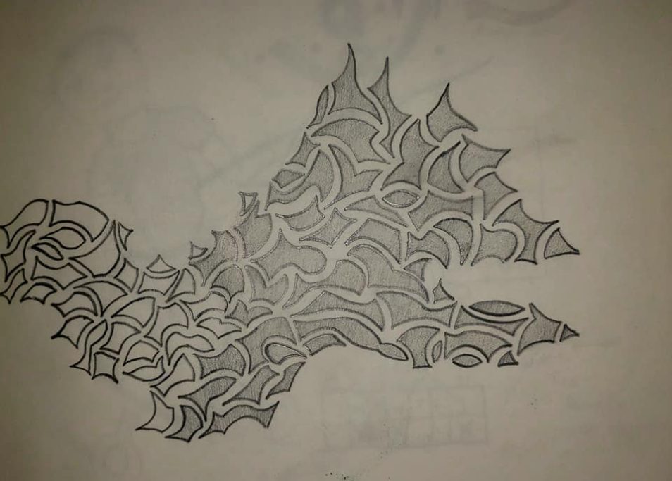 Abstract design featuring intricate, swirling patterns and shapes.